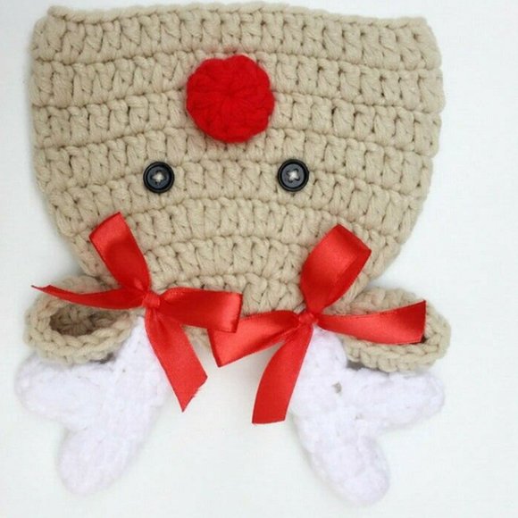 Infant Brown/White Rudolph Christmas Newborn with Bow-Knot Beanie/Hat - Picture 4 of 5